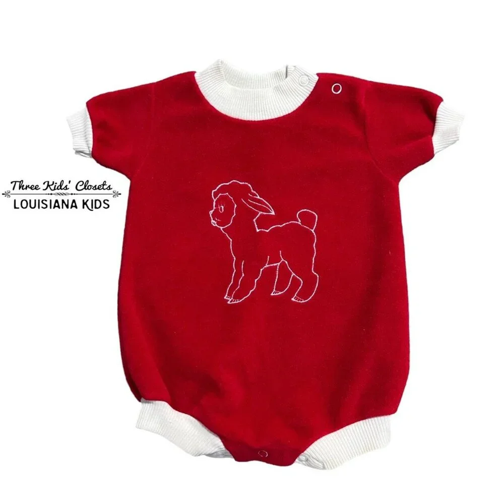 Vintage 9m Red Fleece Lamb Bubble Romper
